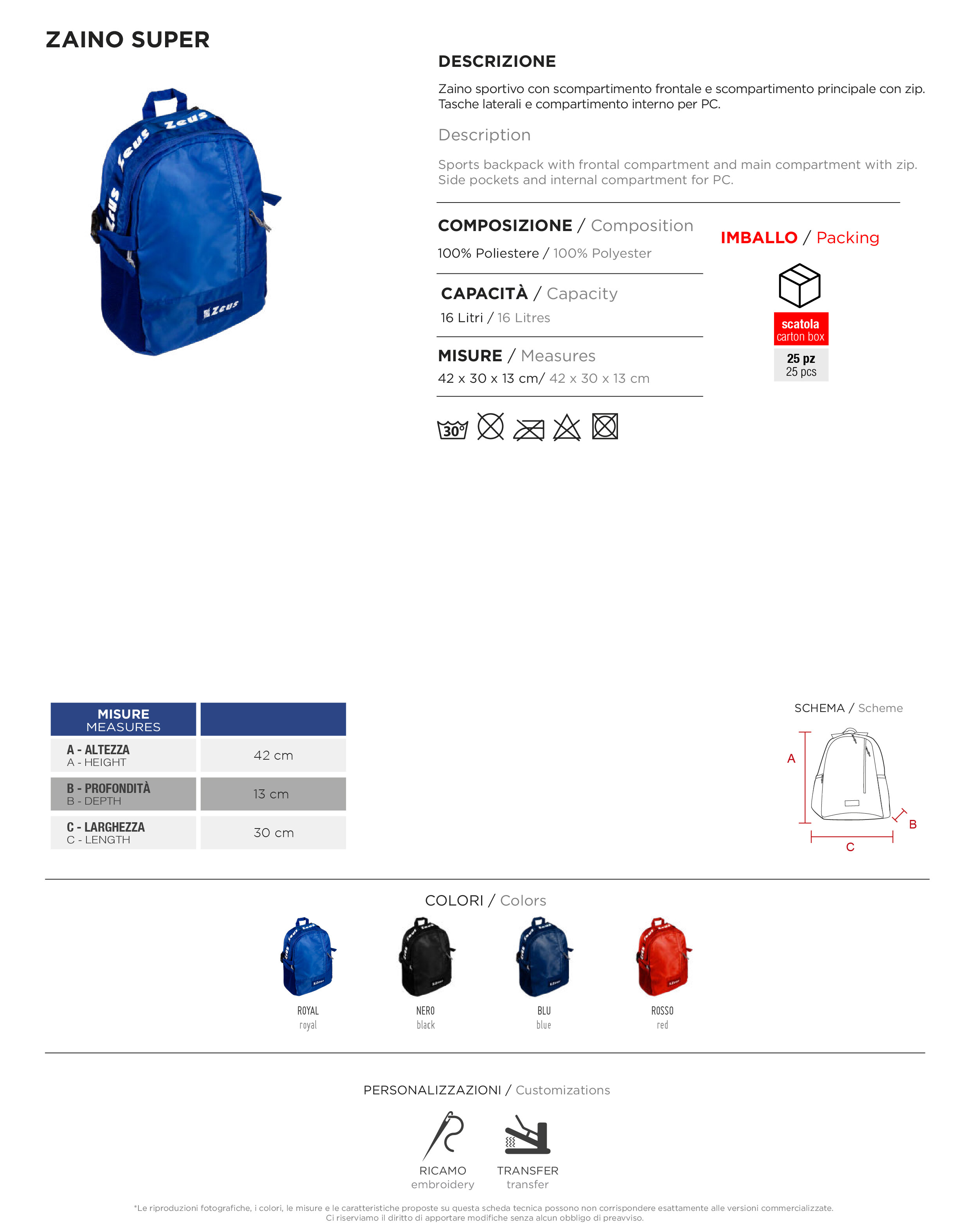 Scheda tecnica – ZAINO SUPER