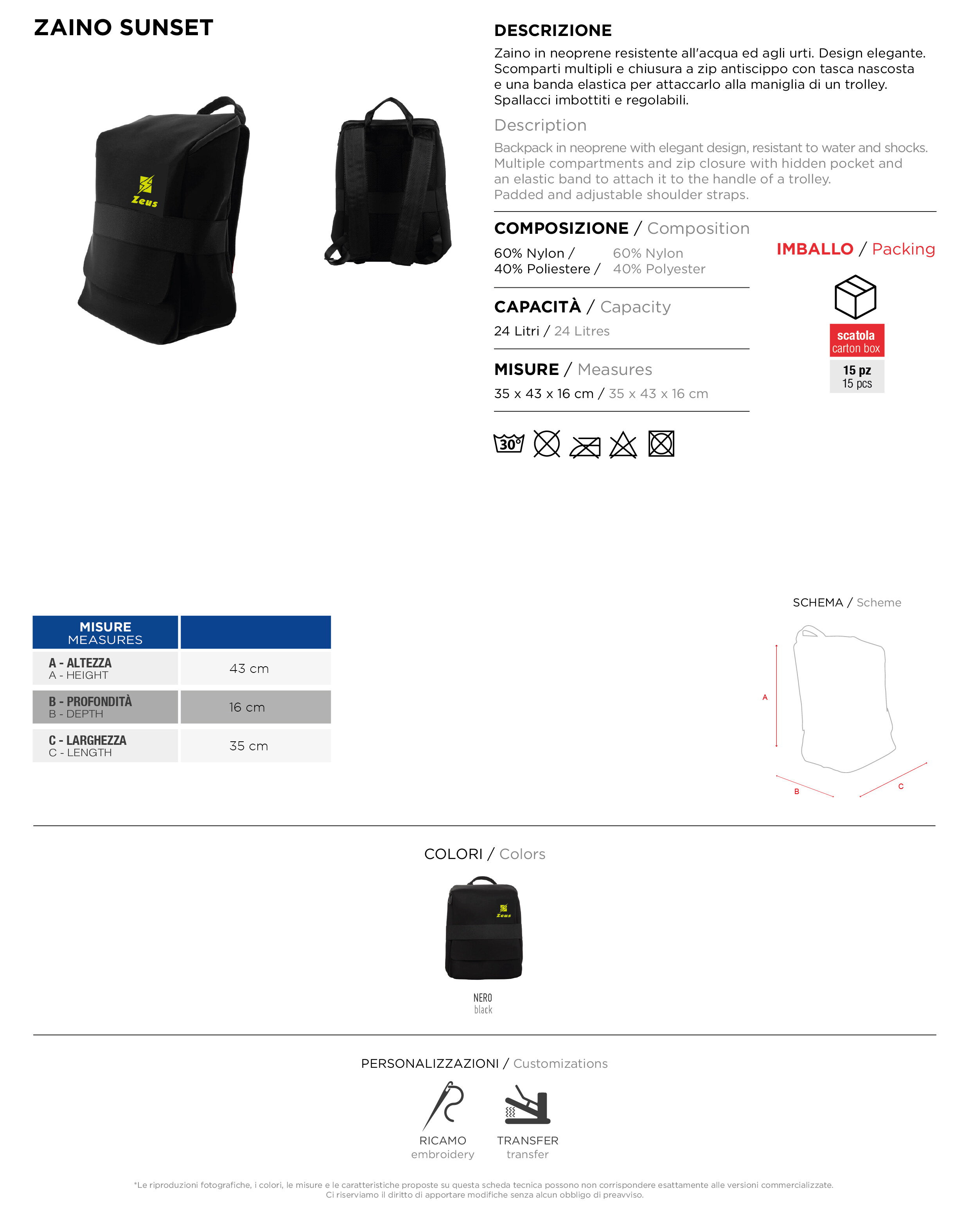 Scheda tecnica – ZAINO SUNSET
