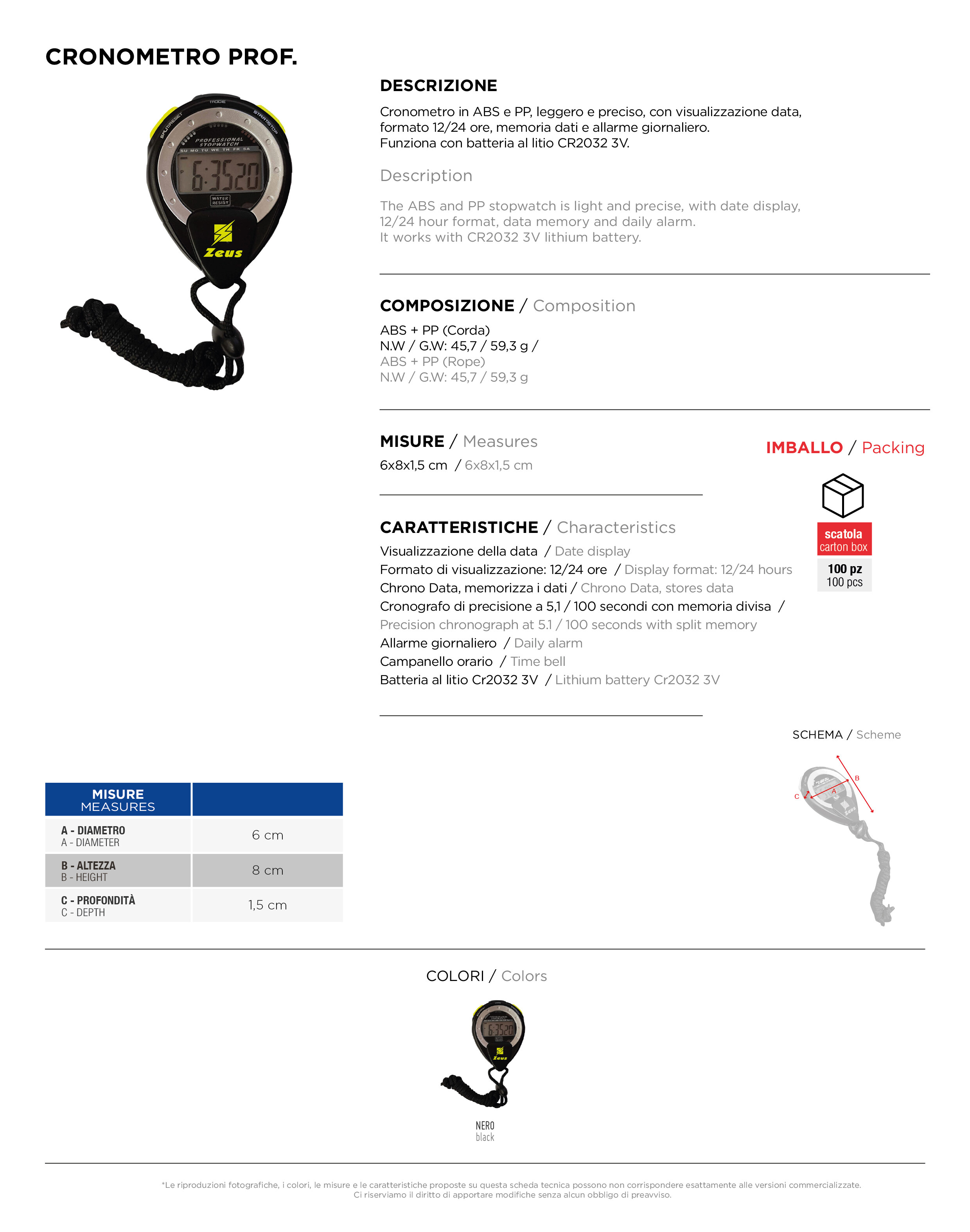 Scheda tecnica – CRONOMETRO