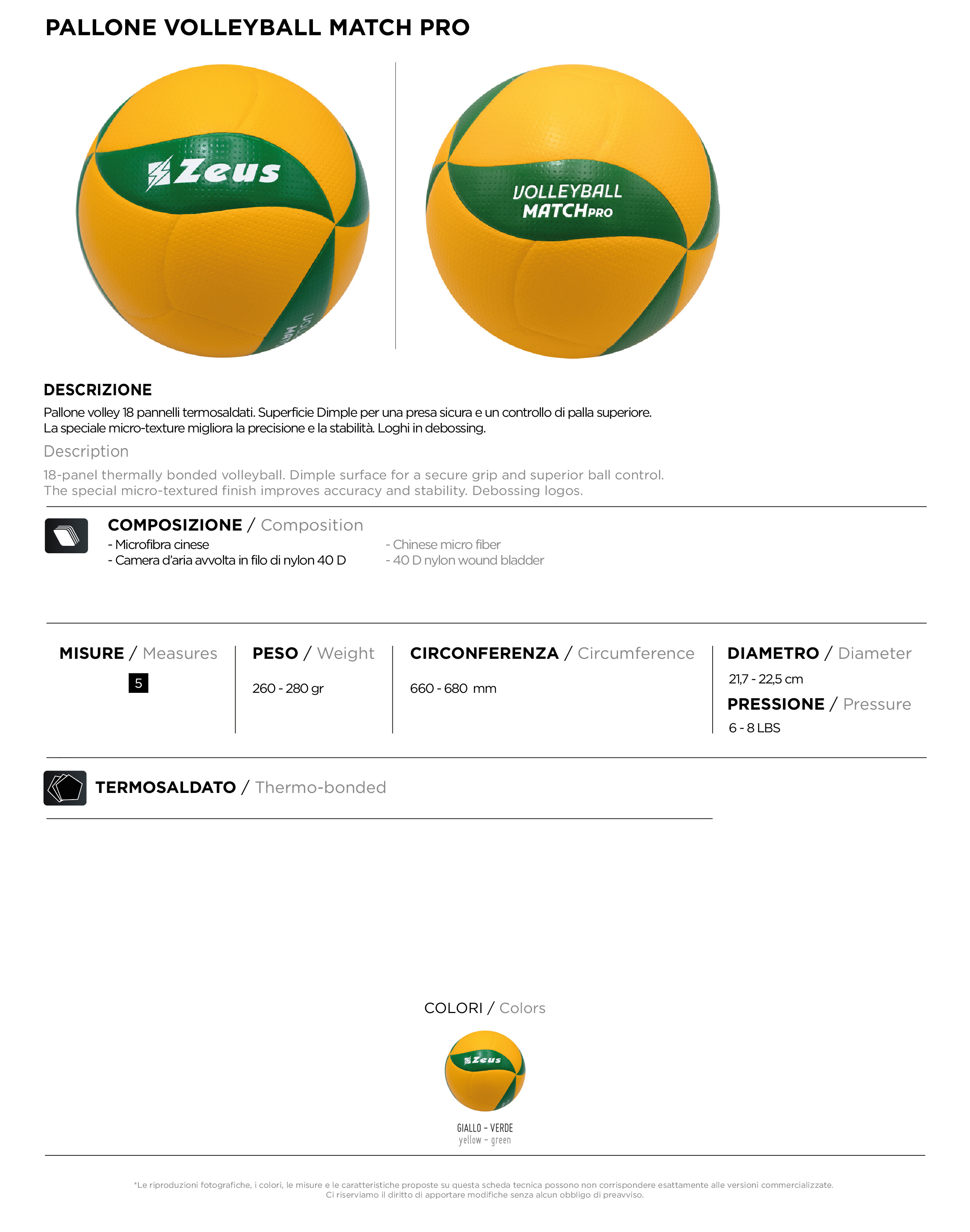 Scheda tecnica – PALLONE VOLLEY MATCH PRO