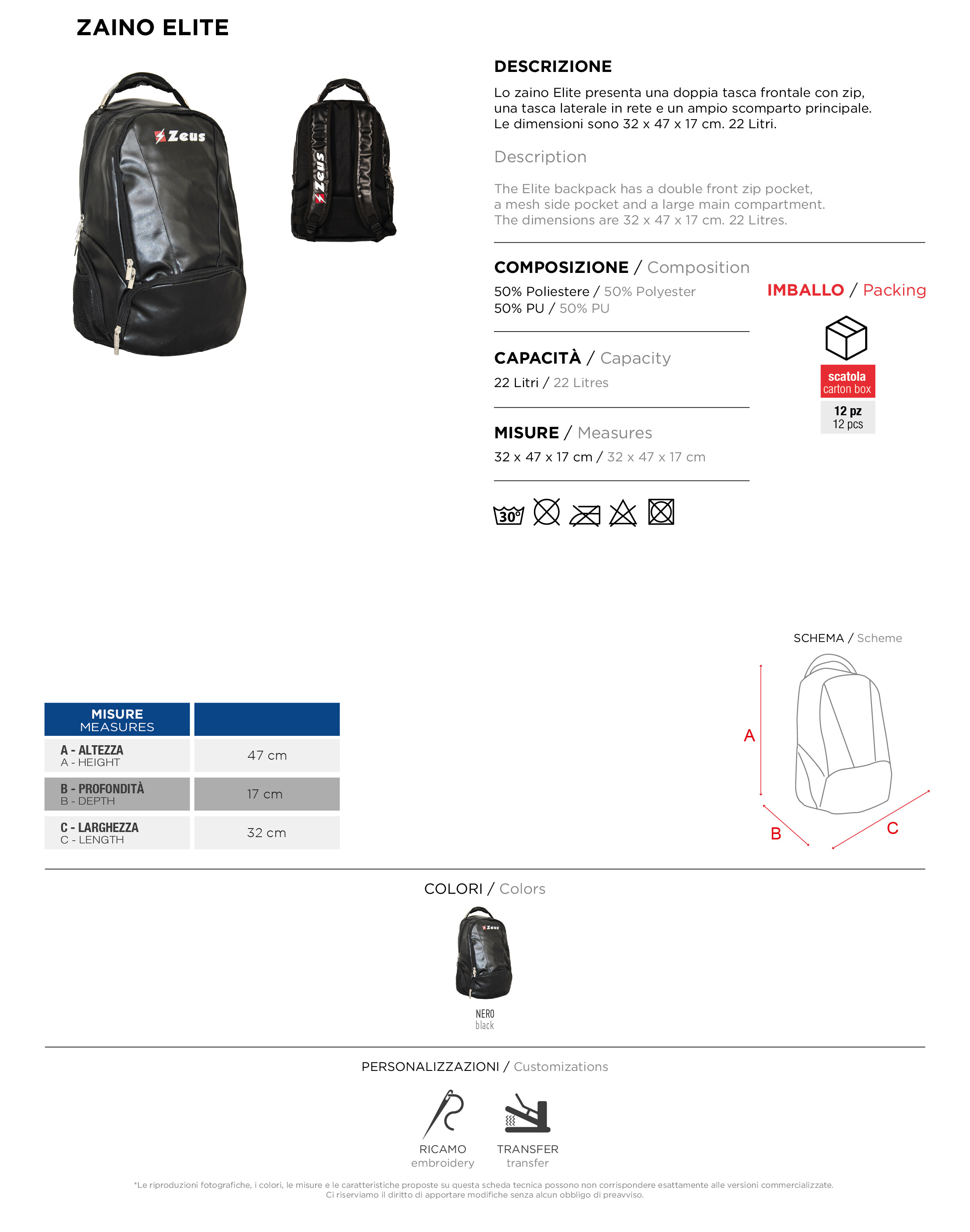 Scheda tecnica – ZAINO ELITE