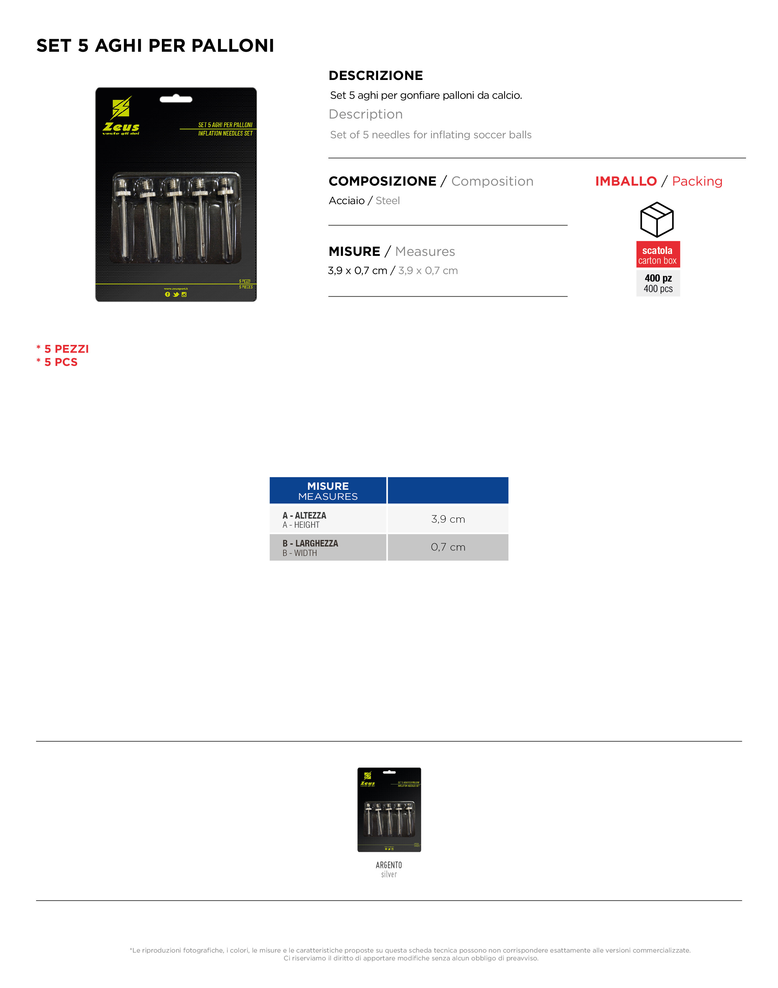 Scheda tecnica – SET 5 AGHI PER PALLONI