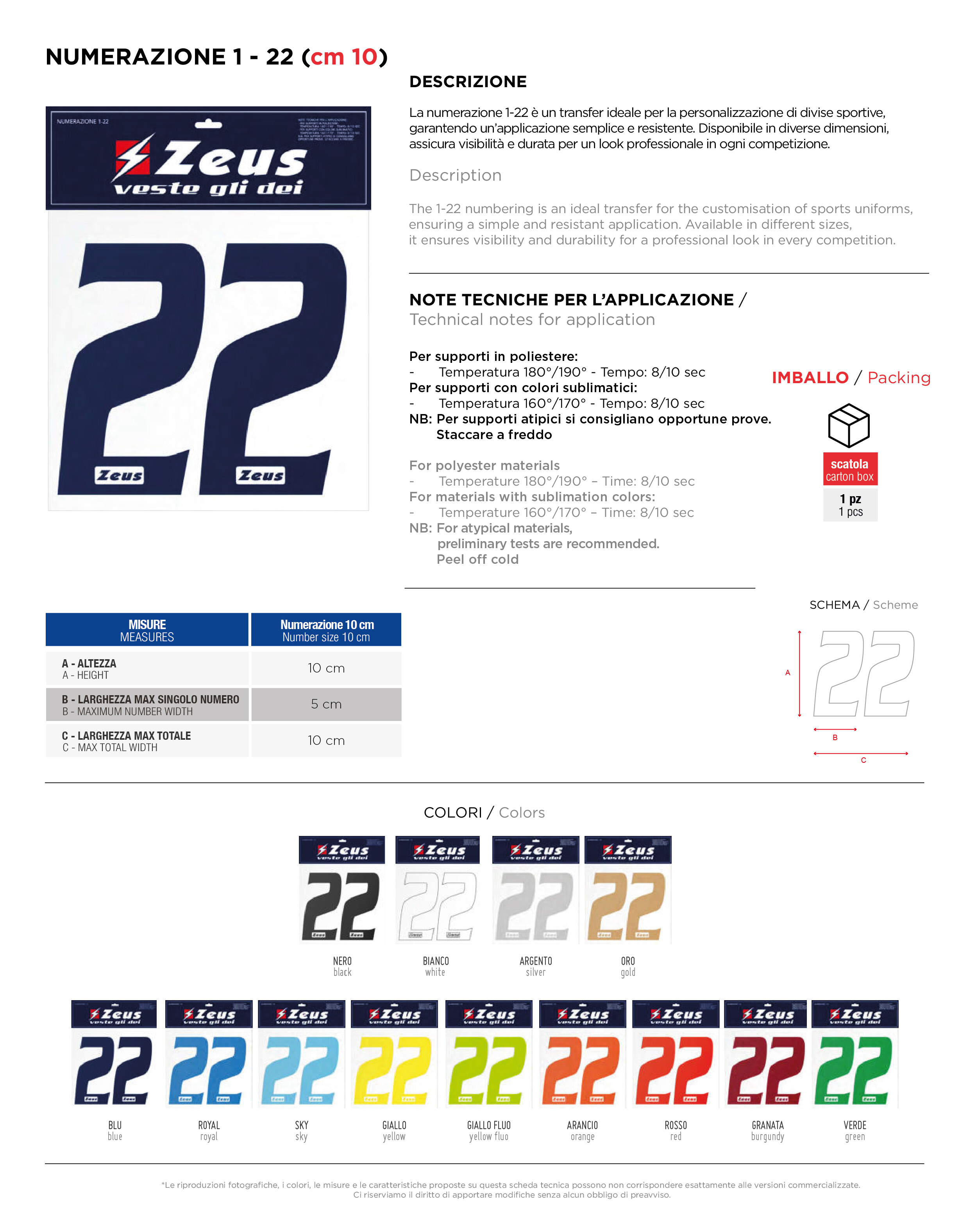 Scheda tecnica – NUMERAZIONE 1-22 cm 10